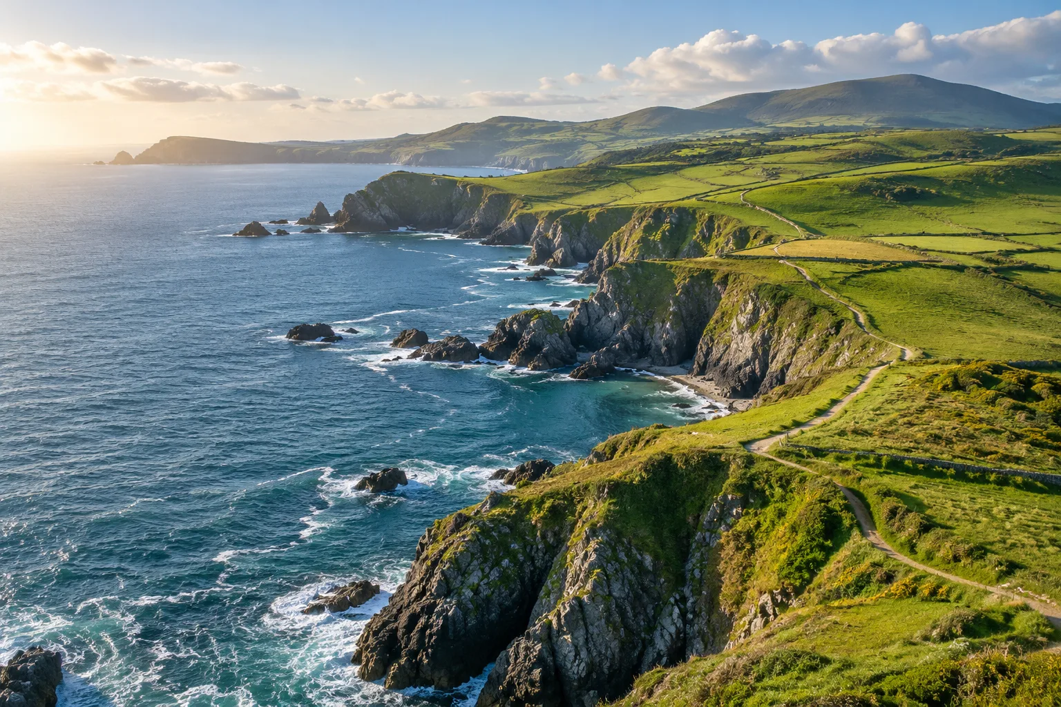 Illustrative Atlantic coastline with green headlands and a winding path above blue water
